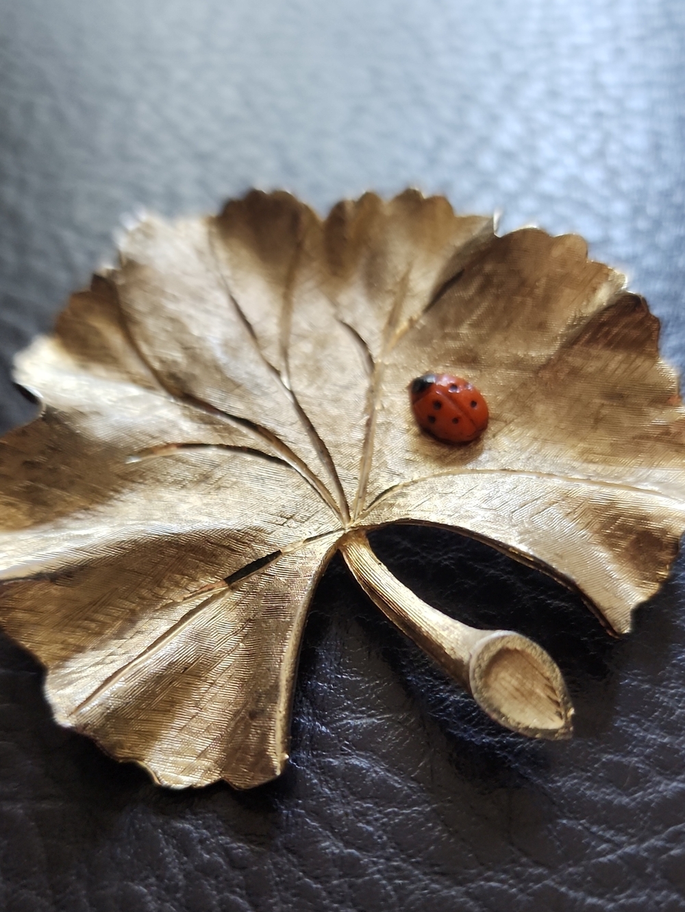 VTG Ledo Gold Leaf Brooch with Red Ladybug Detail